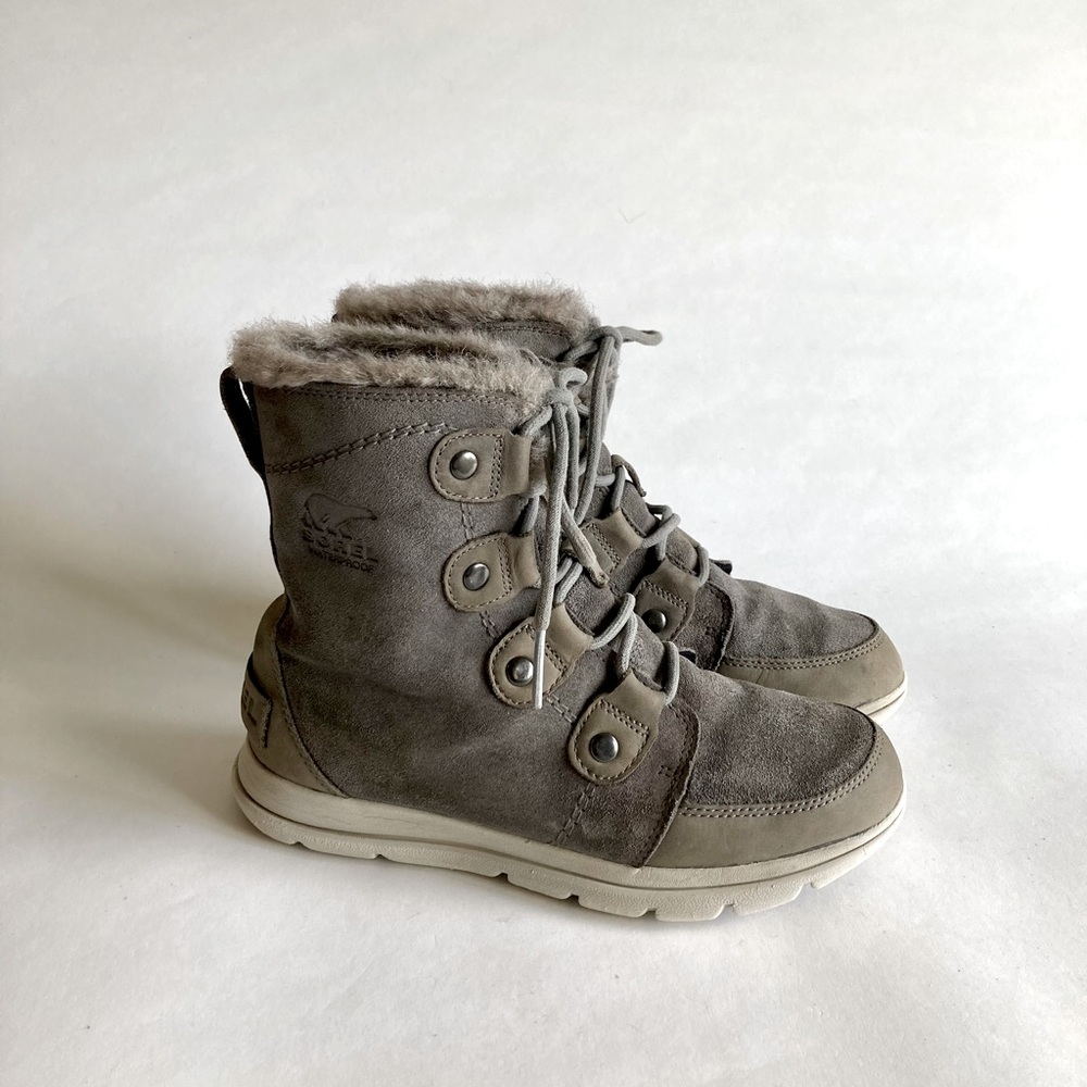 Sorel Grey Suede Faux Fur Lace Up Waterproof Boots size 6.5